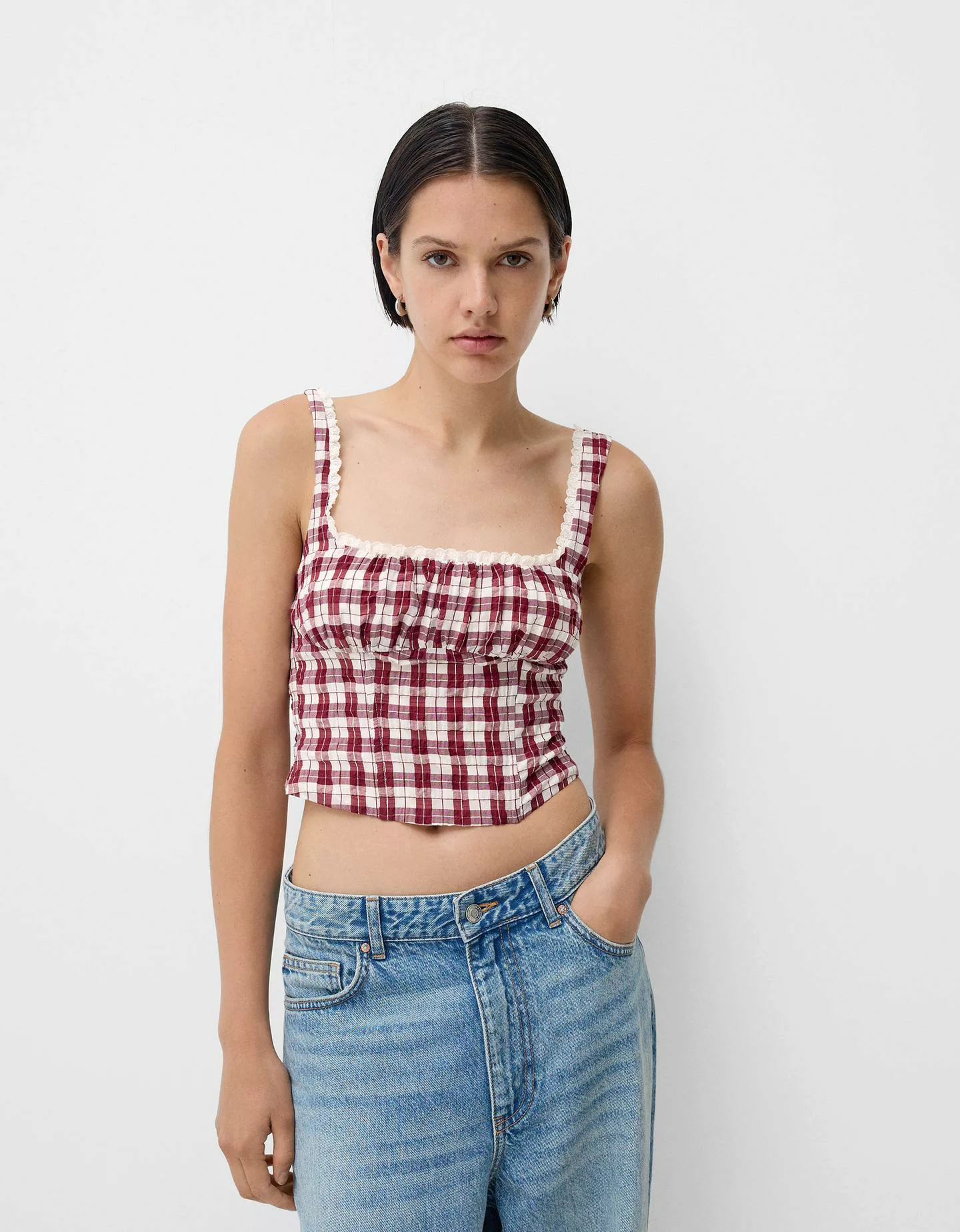 Bershka Top Mit Vichykaros Damen S Weinrot günstig online kaufen