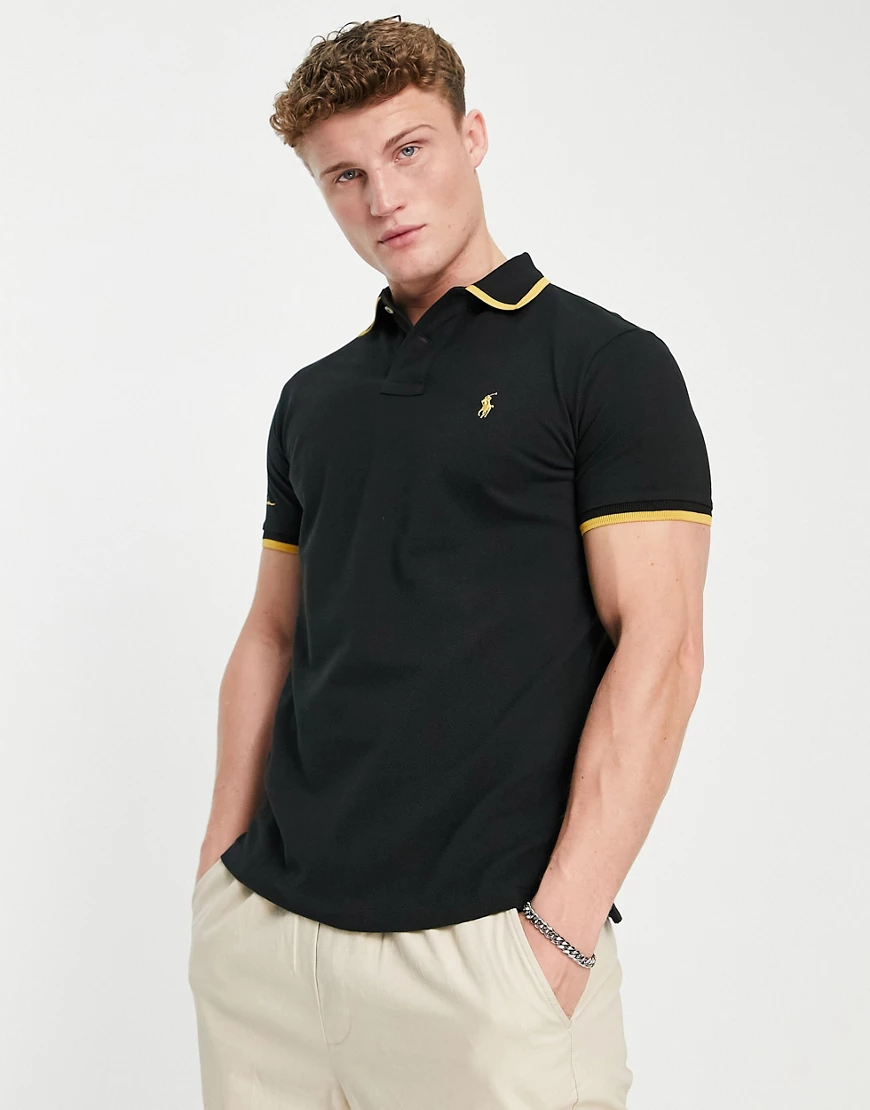 Polo Ralph Lauren – Polohemd aus Pikee in Schwarz mit Kontraststreifen und günstig online kaufen