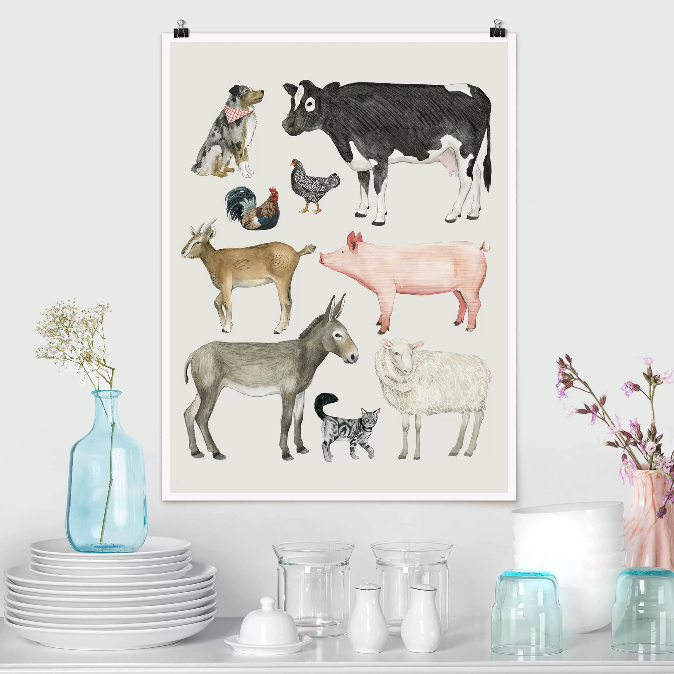 Poster Kinderzimmer - Hochformat Bauernhof Tierfamilie I günstig online kaufen