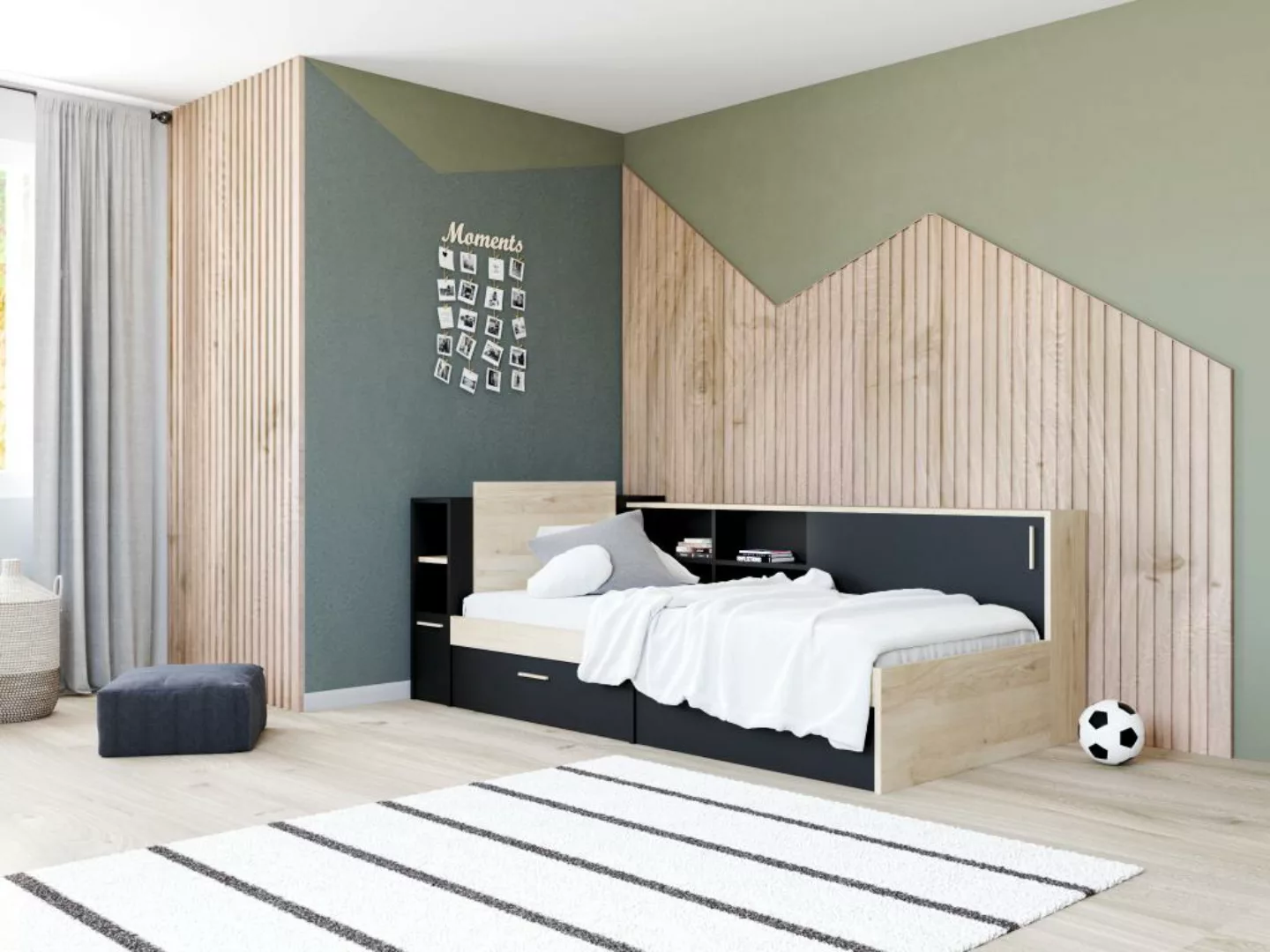 Kombi-Bett mit Stauraum - 90 x 190/200 cm - Schwarz & Holzfarben - LIARA günstig online kaufen