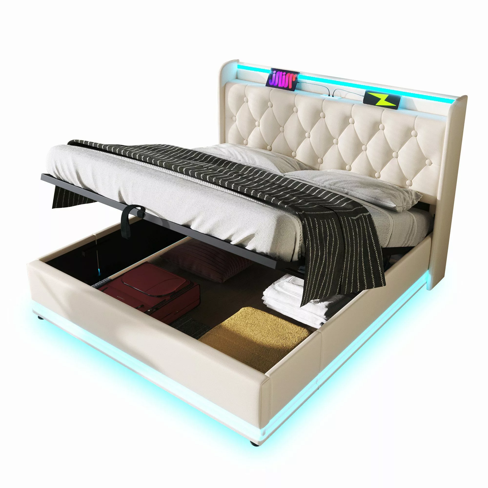 Flieks Polsterbett, LED Hydraulisches Stauraumbett Doppelbett günstig online kaufen