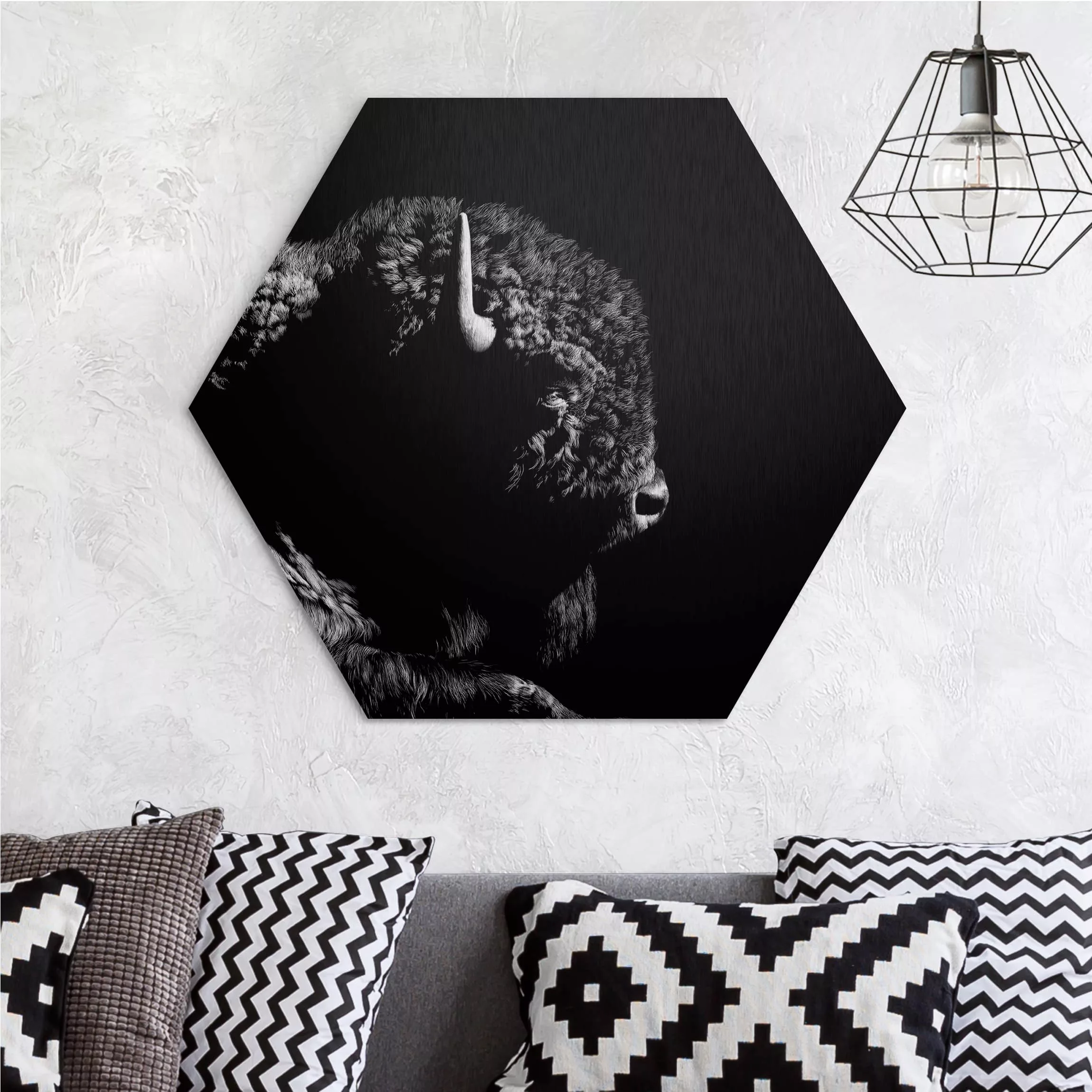 Hexagon-Alu-Dibond Bild Tiere Bison vor Schwarz günstig online kaufen