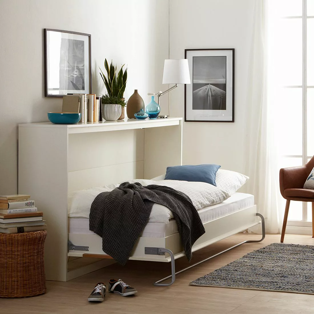 home24 Fredriks Schrankbett KiYDOO smart 90x200 cm Spanplatte Weiß mit Latt günstig online kaufen