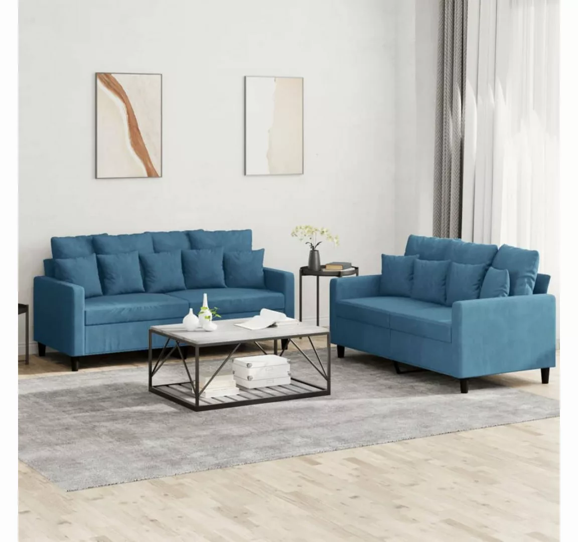 vidaXL Sofa, 2-tlg. Sofagarnitur mit Kissen Blau Samt günstig online kaufen