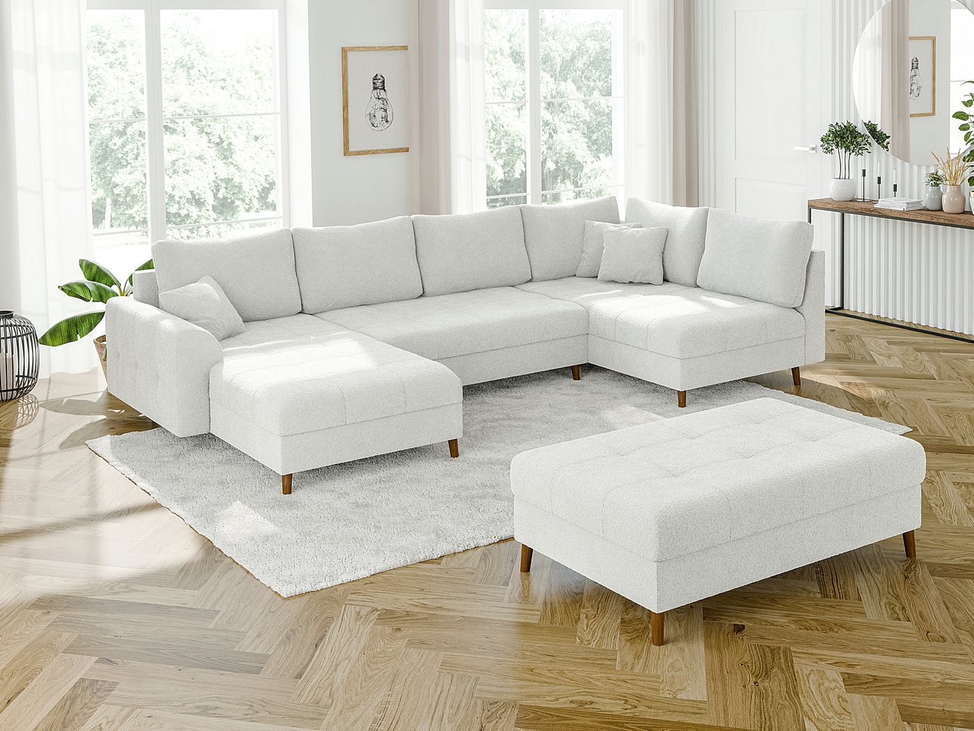 S-Style Möbel Wohnlandschaft Leif mit Schlaffunktion, Hocker und Holzfüßen, günstig online kaufen