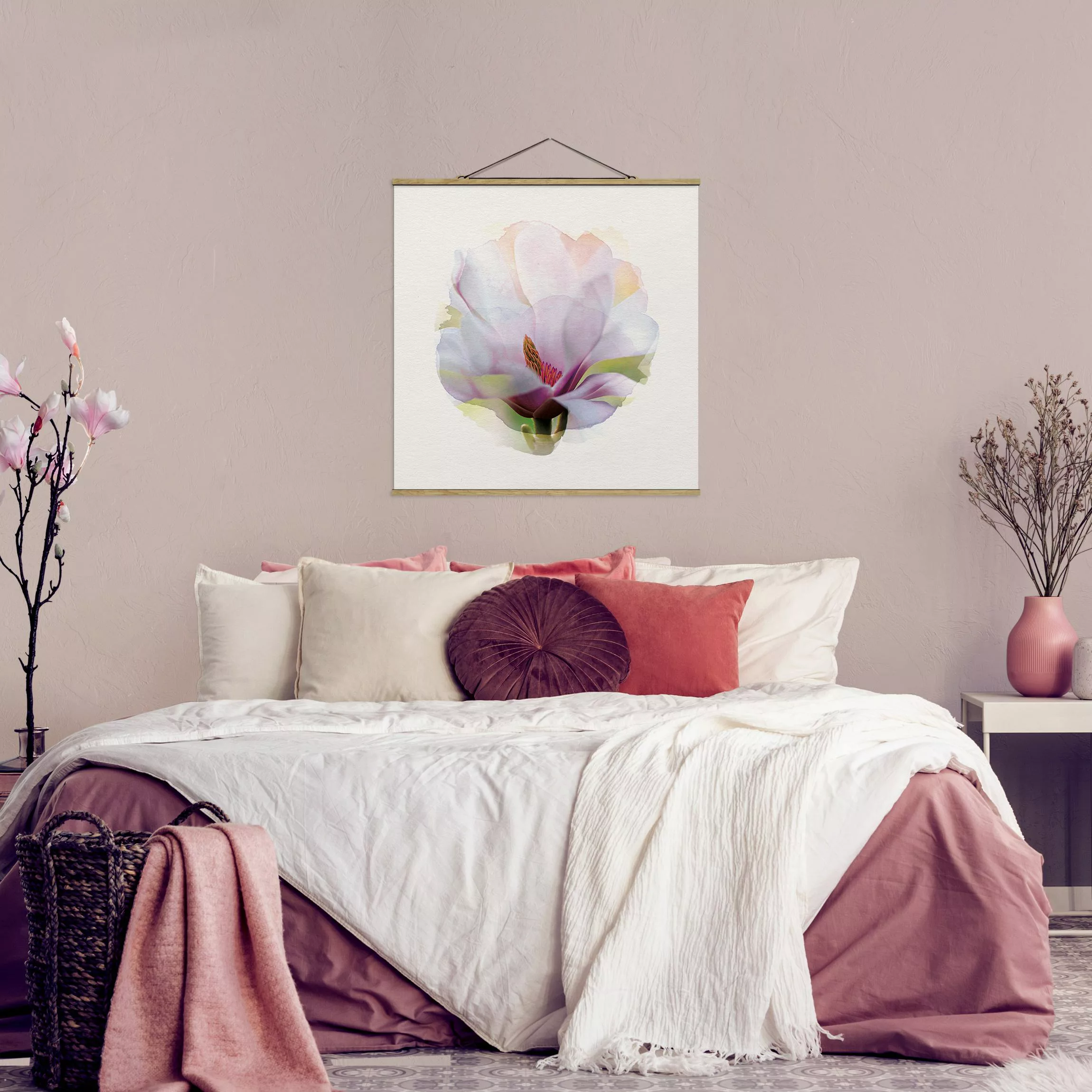Stoffbild Blumen mit Posterleisten - Quadrat Wasserfarben - Zarte Magnolien günstig online kaufen