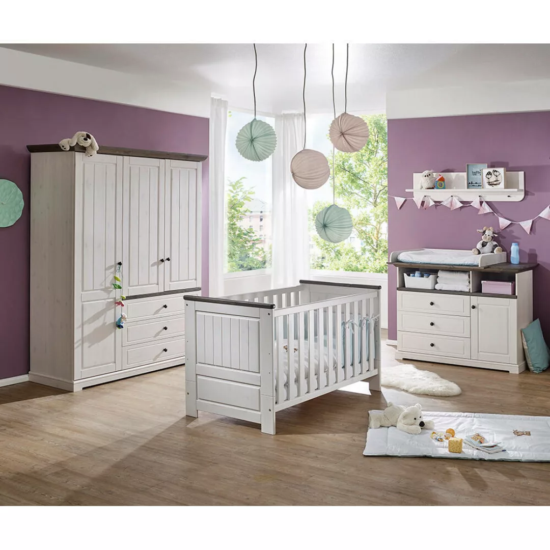 Babyzimmer komplett Set Kiefer weiß mit grau JAANIKA-69, 4-teilig günstig online kaufen