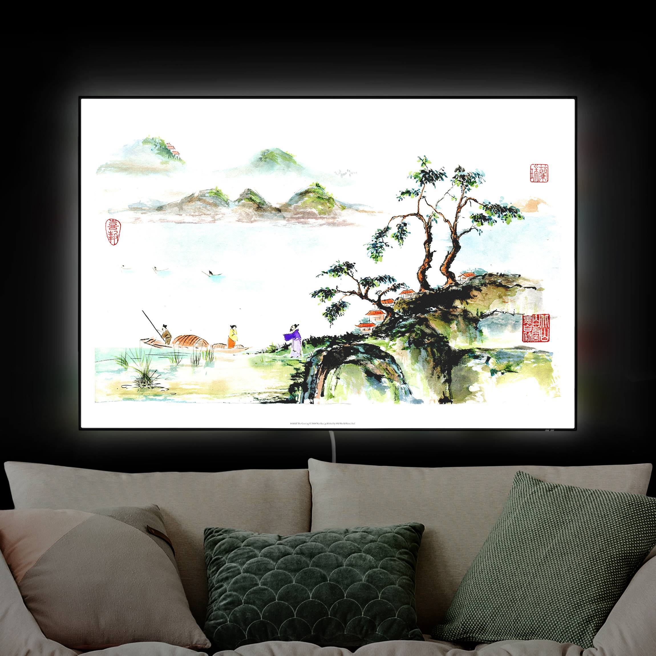 LED-Wechselbild Japanische Aquarell Zeichnung See und Berge günstig online kaufen