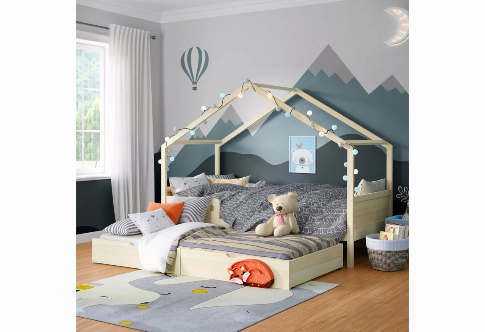 Bellabino Hausbett Bela (Kinderbett 90x200 cm, mit Gästebett 90x190 cm, nat günstig online kaufen