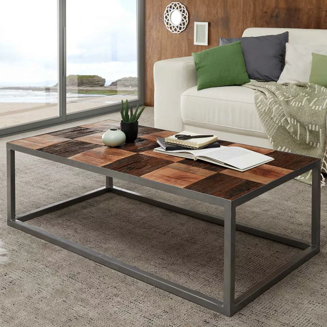 Wohnzimmertisch im Loft Design Tischplatte in Patchwork Optik günstig online kaufen