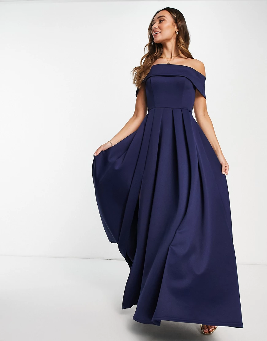 True Violet – Black Label – Maxi-Ballkleid mit Carmen-Ausschnitt, Schlitz u günstig online kaufen