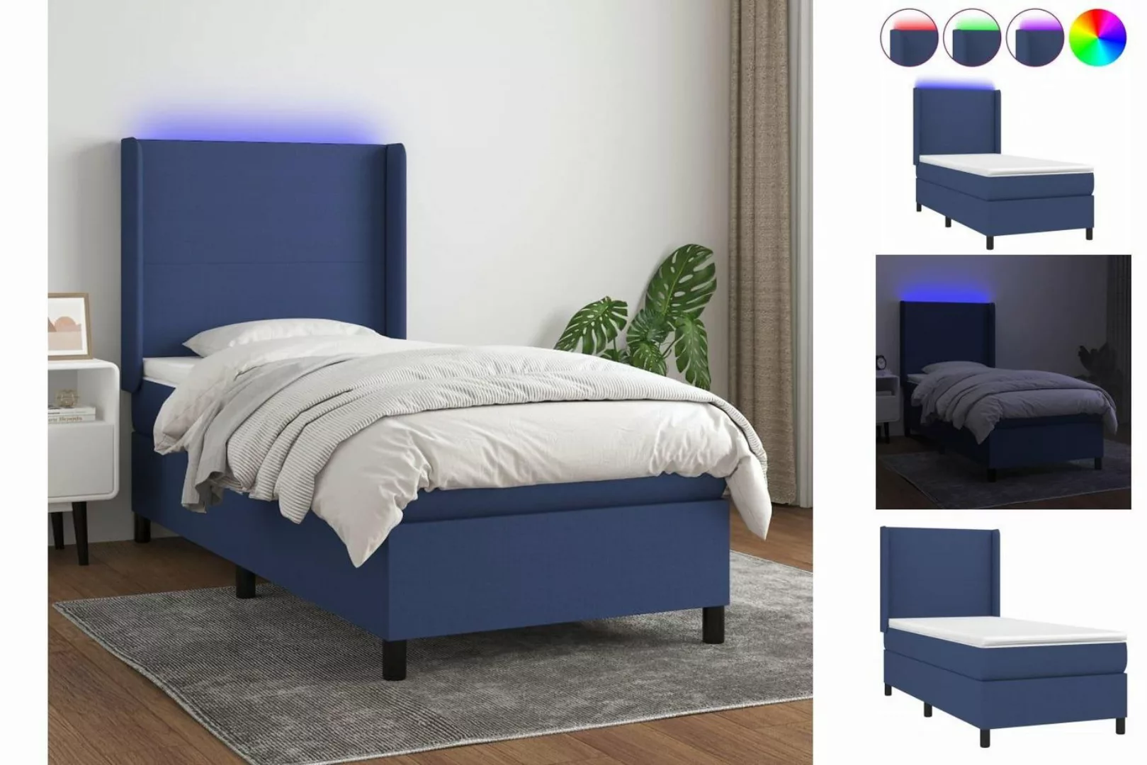 vidaXL Bett Boxspringbett mit Matratze & LED Blau 90x200 cm Stoff günstig online kaufen