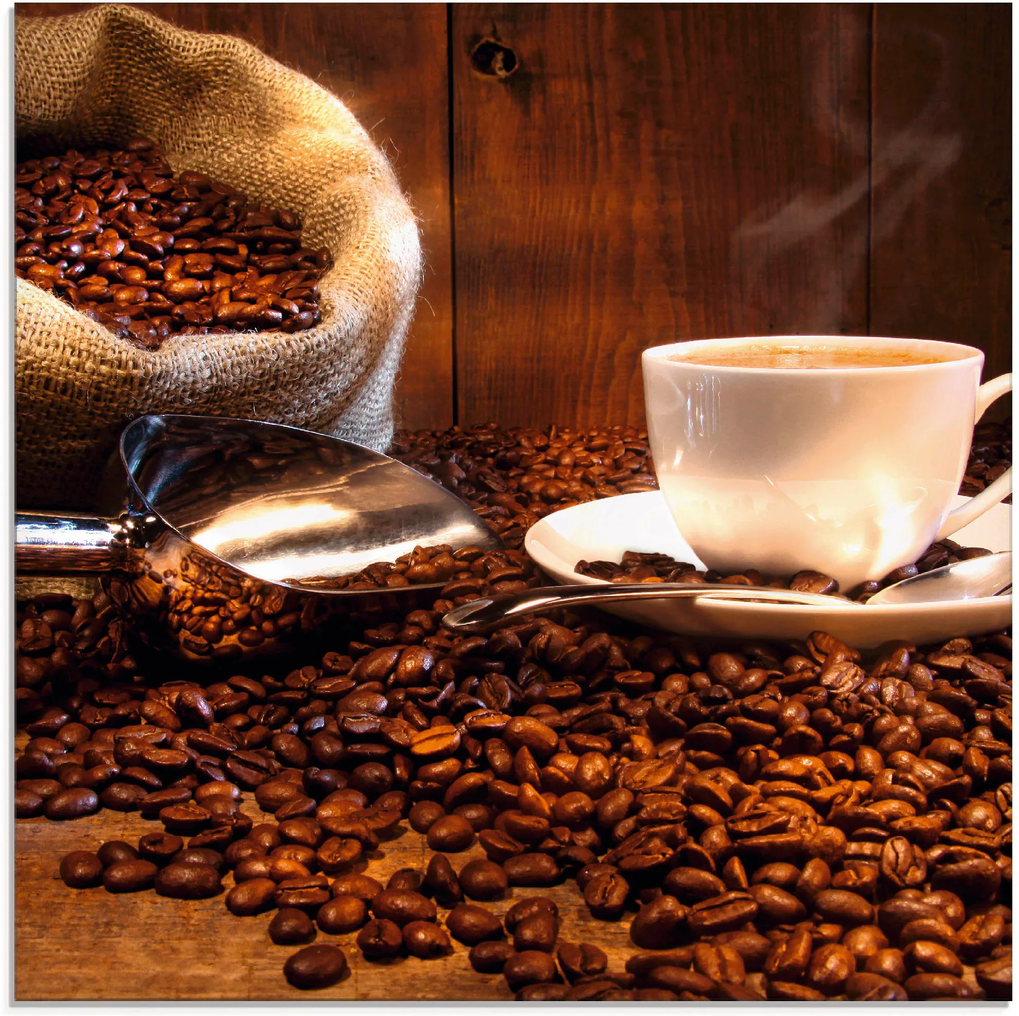 Artland Glasbild »Kaffeetasse und Leinensack auf Tisch«, Getränke, (1 St.), günstig online kaufen