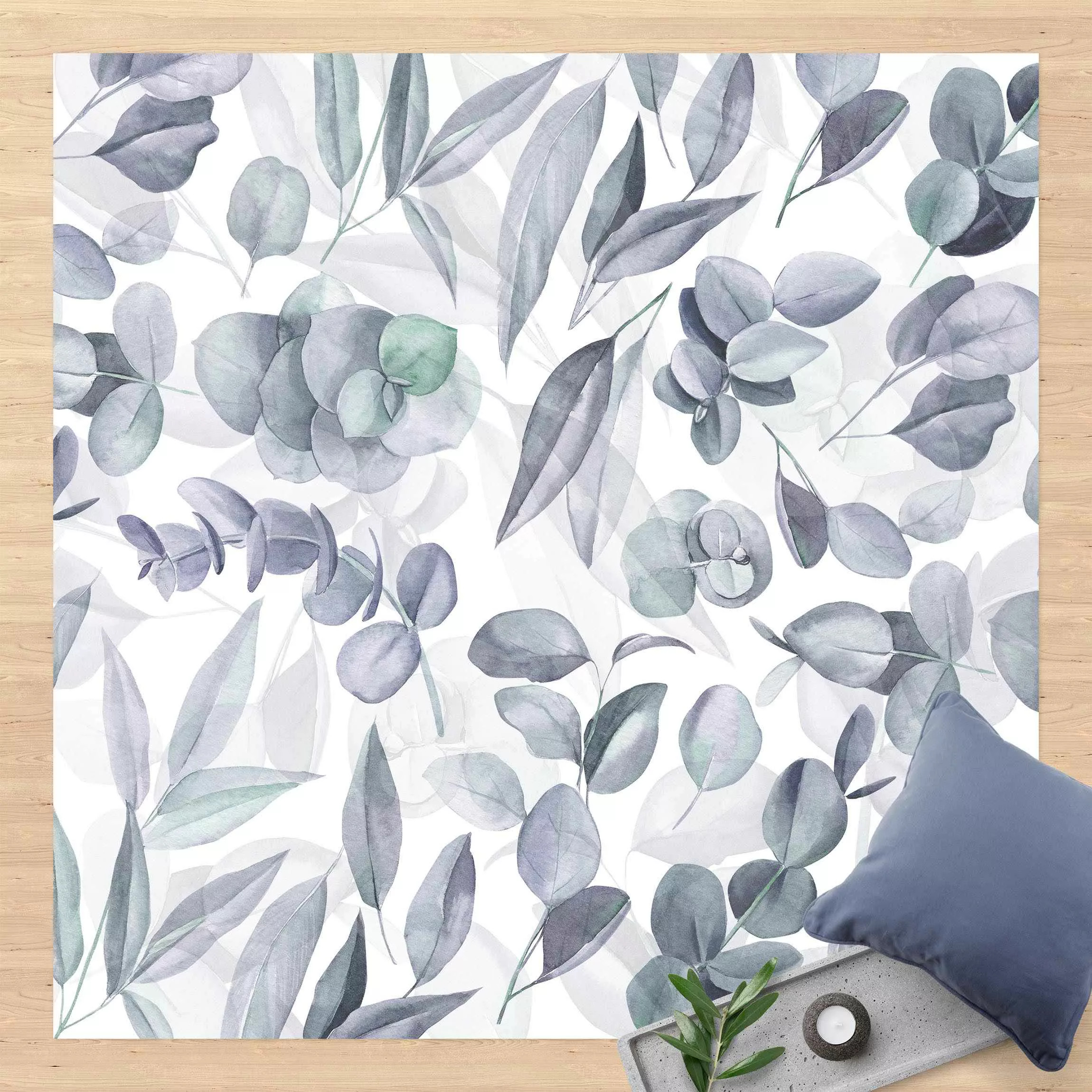 Vinyl-Teppich Blaue Eukalyptus Aquarellblätter günstig online kaufen