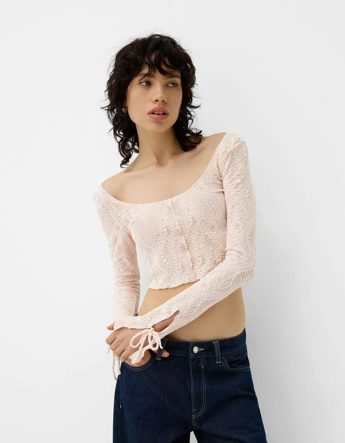 Bershka T-Shirt Mit Lace Und Schleifen Damen L Rosa günstig online kaufen