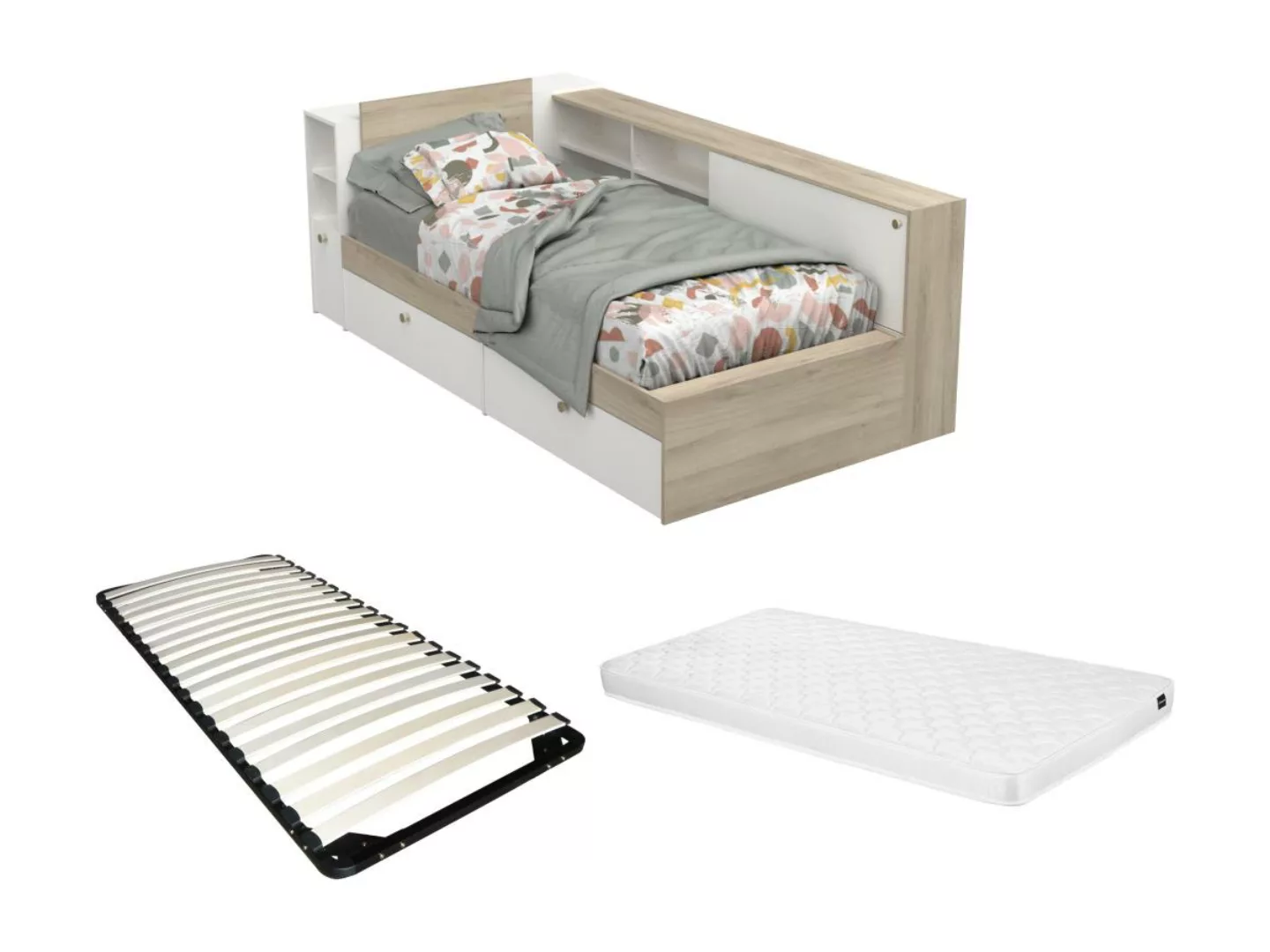 Bett mit Stauraum - 90 x 200 cm - Weiß & Holzfarben + Lattenrost + Matratze günstig online kaufen