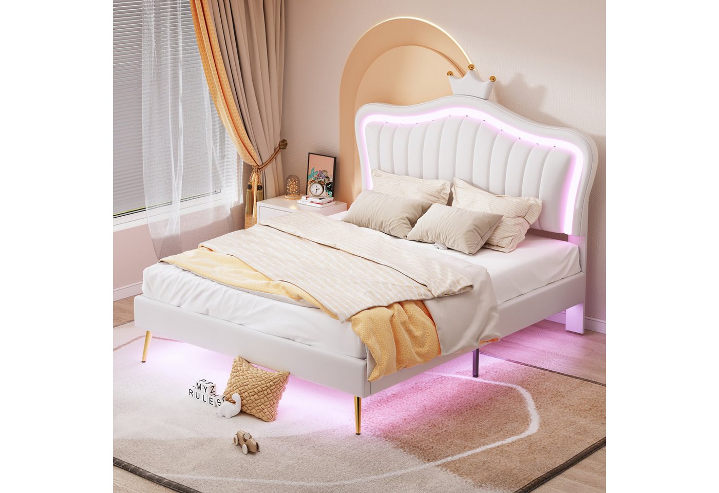 Rutaqian Polsterbett Doppelbett Kinderbett mit LED, Lattenrost und Rückenle günstig online kaufen
