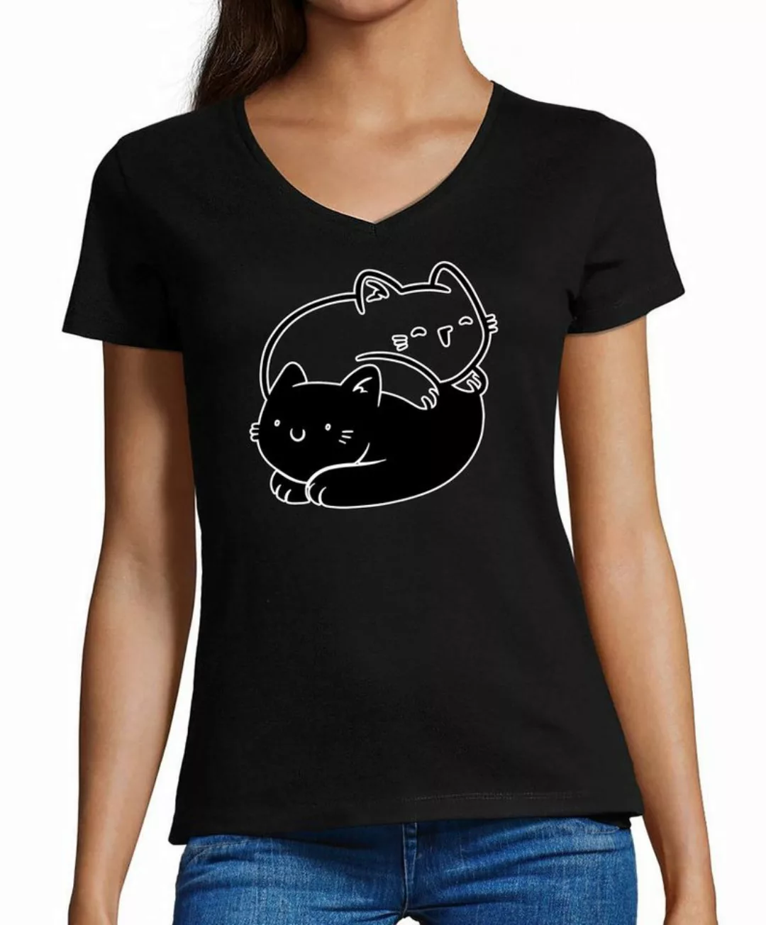 MyDesign24 T-Shirt Damen Katzen Print Shirt bedruckt - Yin Yang Katze Baumw günstig online kaufen