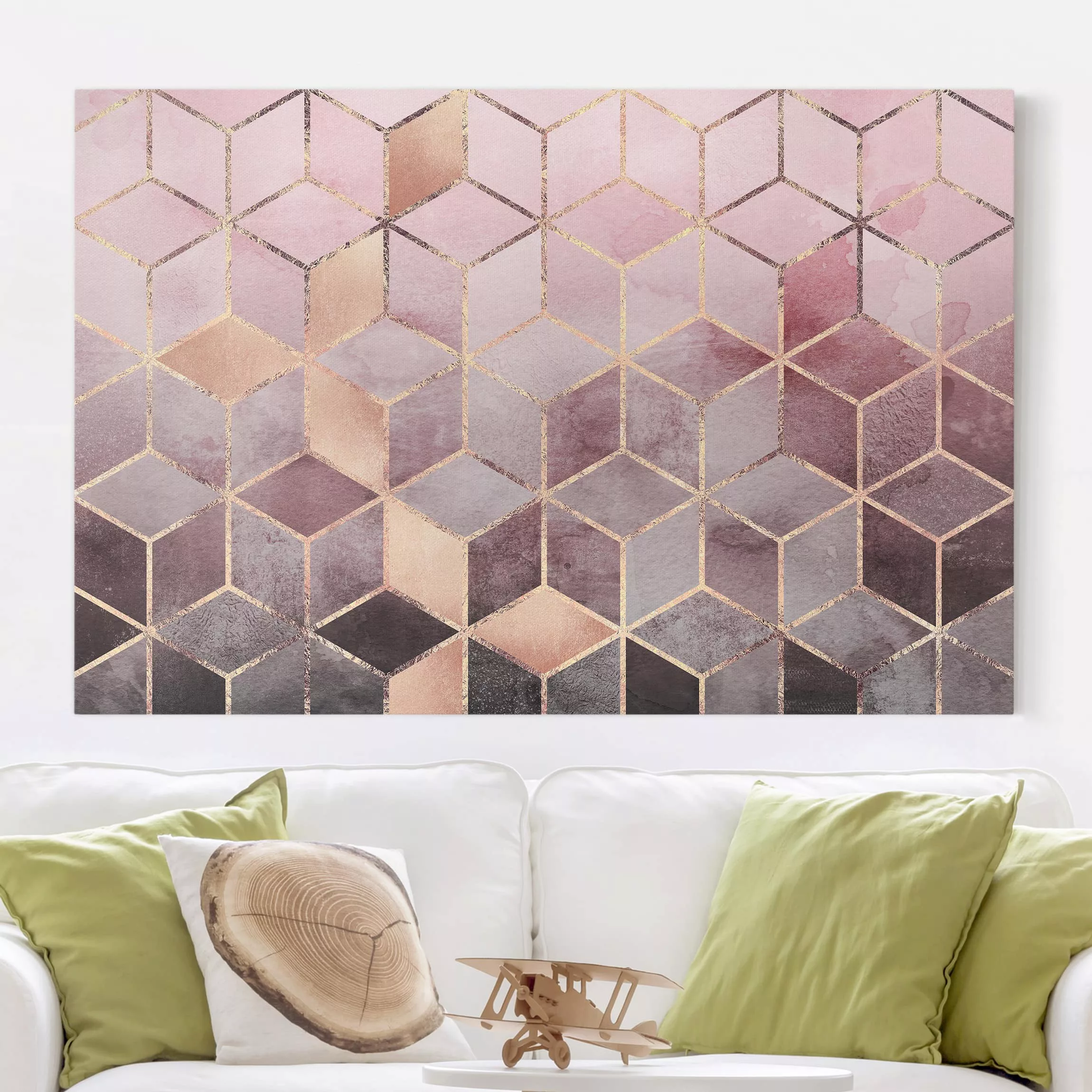 Leinwandbild Abstrakt - Querformat Rosa Grau goldene Geometrie günstig online kaufen