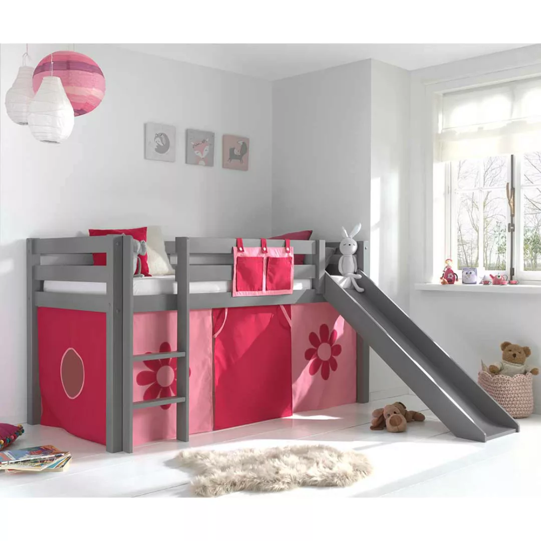 Mädchen Kinderzimmerbett in Grau Rosa Pink Blumen Motiv günstig online kaufen