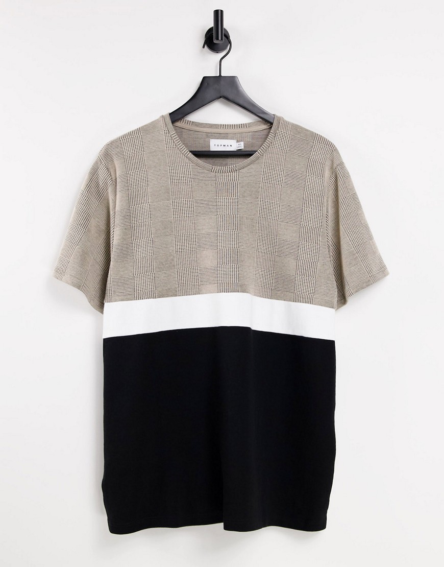 Topman – Kariertes T-Shirt in Stein mit Blockfarbendesign-Neutral günstig online kaufen