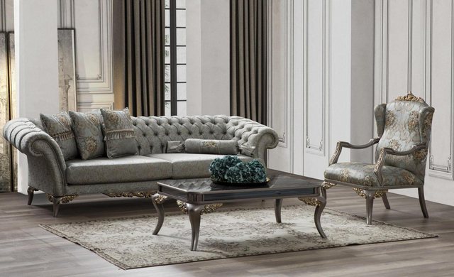 Xlmoebel Sofa Chesterfield-Dreisitzer-Sofa mit grauem Stoffbezug und luxuri günstig online kaufen