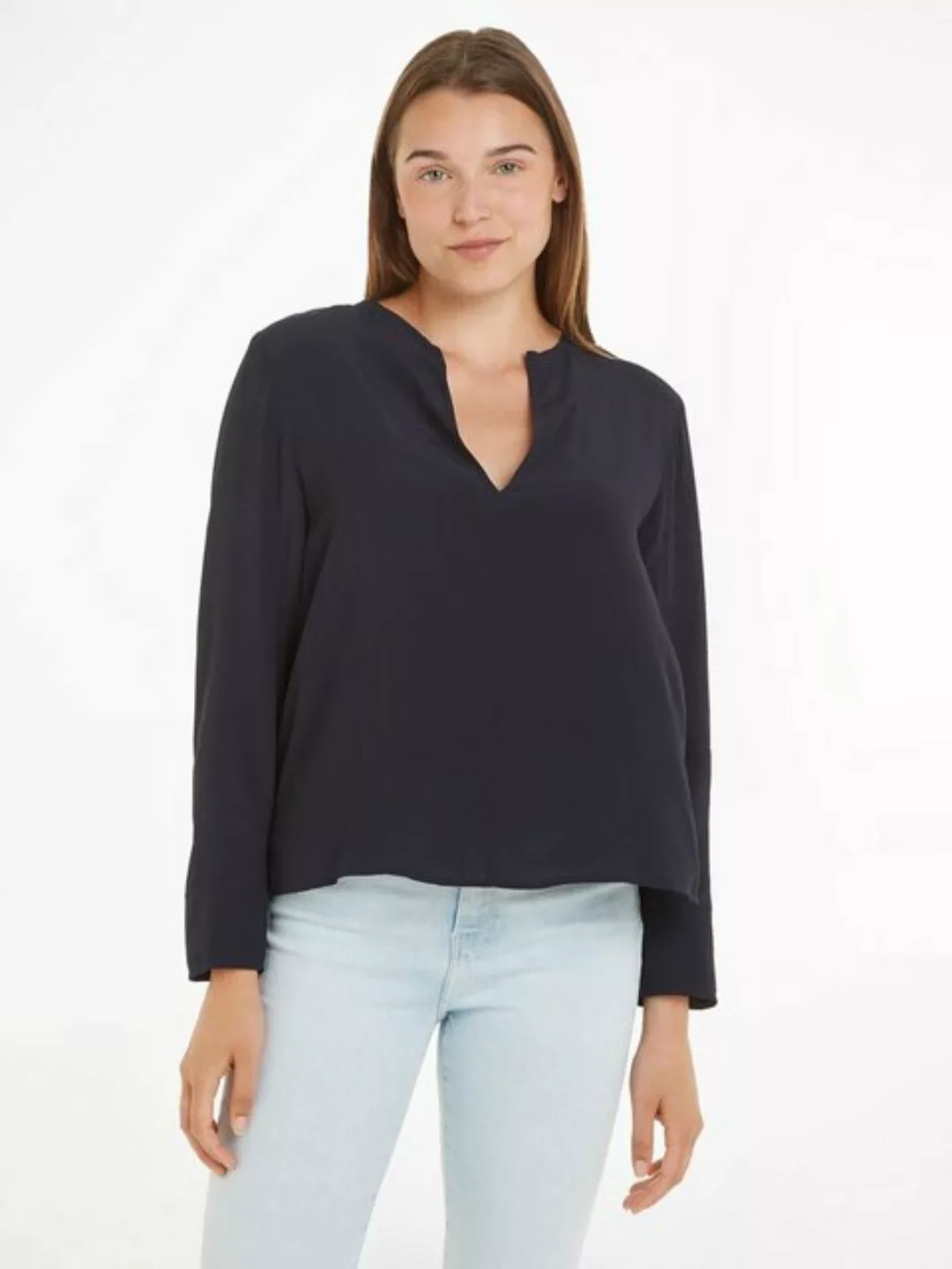 Tommy Hilfiger Langarmbluse VISCOSE CREPE V-NECK BLOUSE in Unifarbe günstig online kaufen