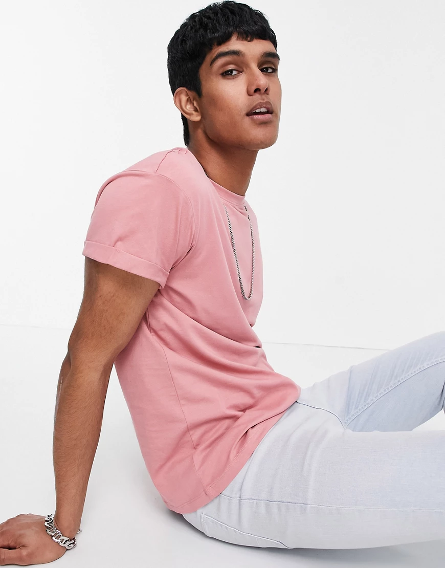 New Look – T-Shirt aus Bio-Baumwolle in Rosa mit umgeschlagenen Ärmeln günstig online kaufen