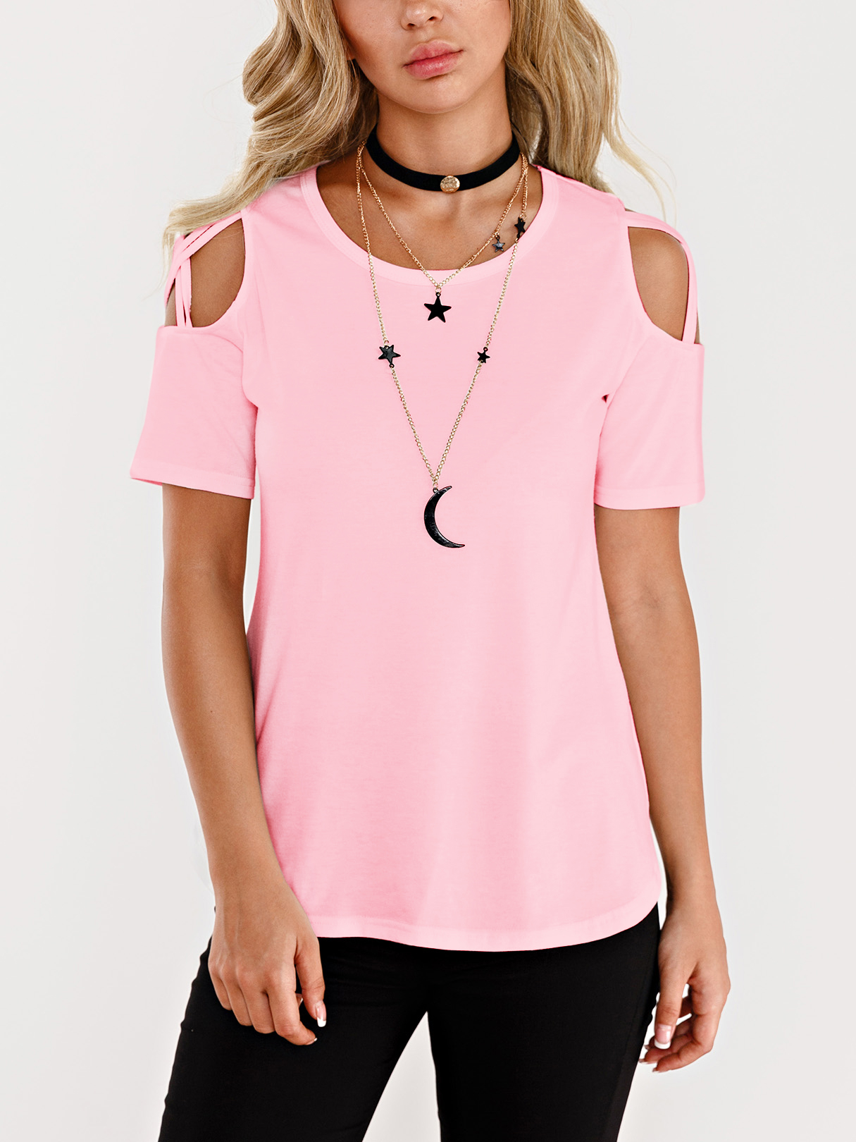 Rosa kalte Schulter-Kurzarm-T-Shirts günstig online kaufen