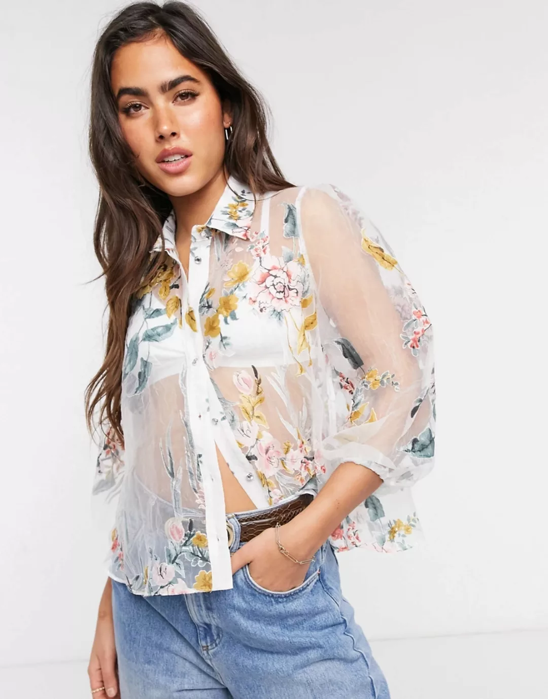 River Island – Geblümtes Organza-Oberteil in Weiß günstig online kaufen