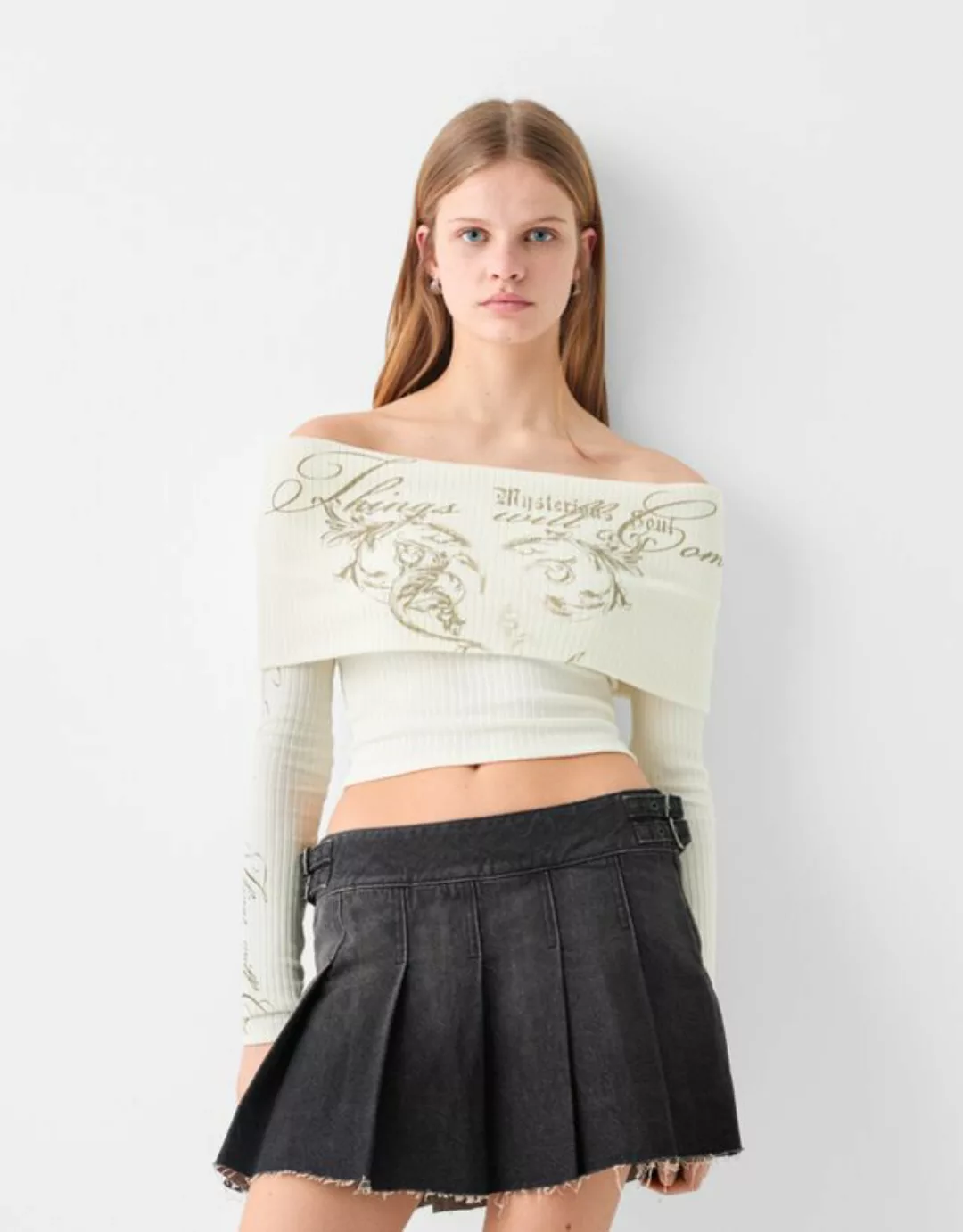 Bershka Pullover Mit Carmen-Ausschnitt Langen Ärmeln Und Stickerei Damen Xs günstig online kaufen