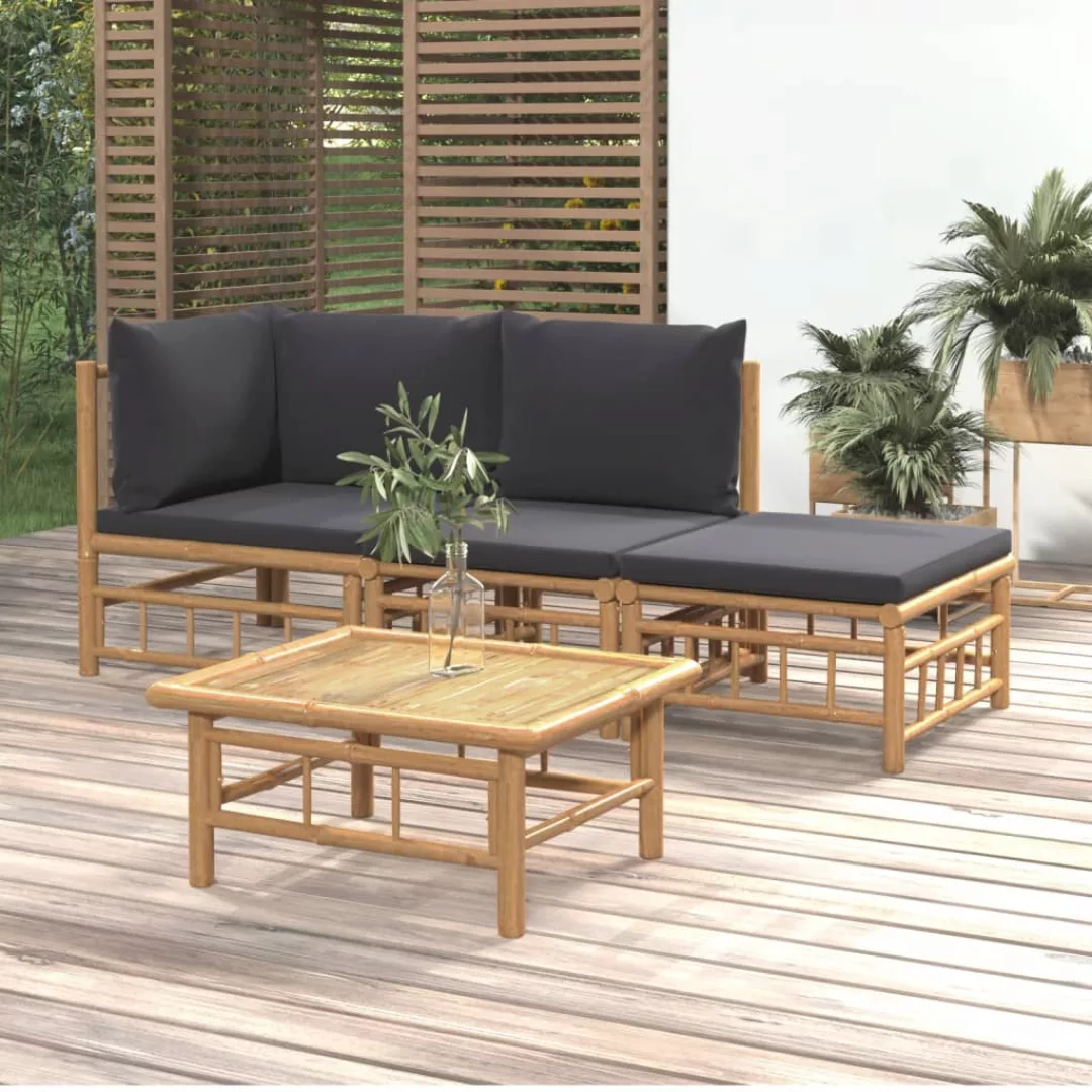 Vidaxl 4-tlg. Garten-lounge-set Mit Dunkelgrauen Kissen Bambus günstig online kaufen