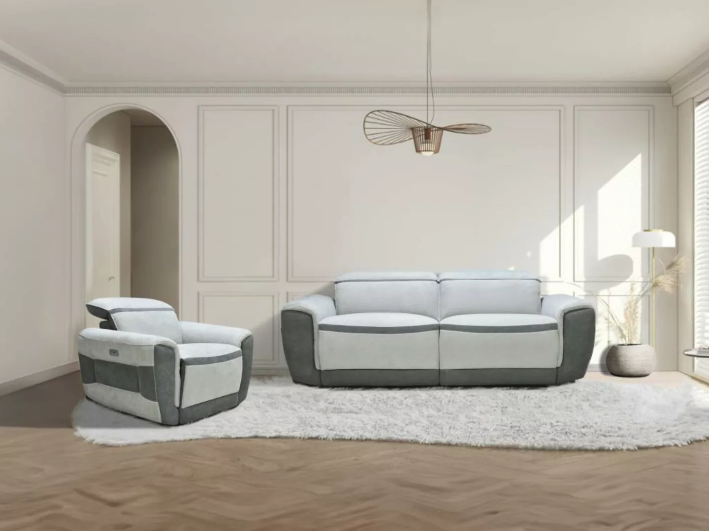 Relaxsofa 3-Sitzer & Relaxsessel elektrisch - Stoff - Hellgrau - ORIETTO günstig online kaufen