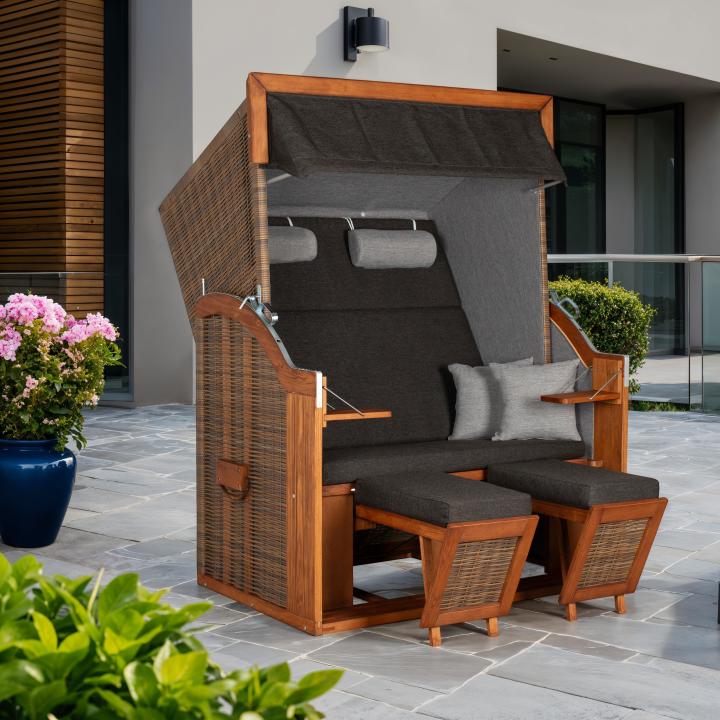 Strandkorb Rantum Grande Bullauge Teak PE Banana Dessin 540 günstig online kaufen