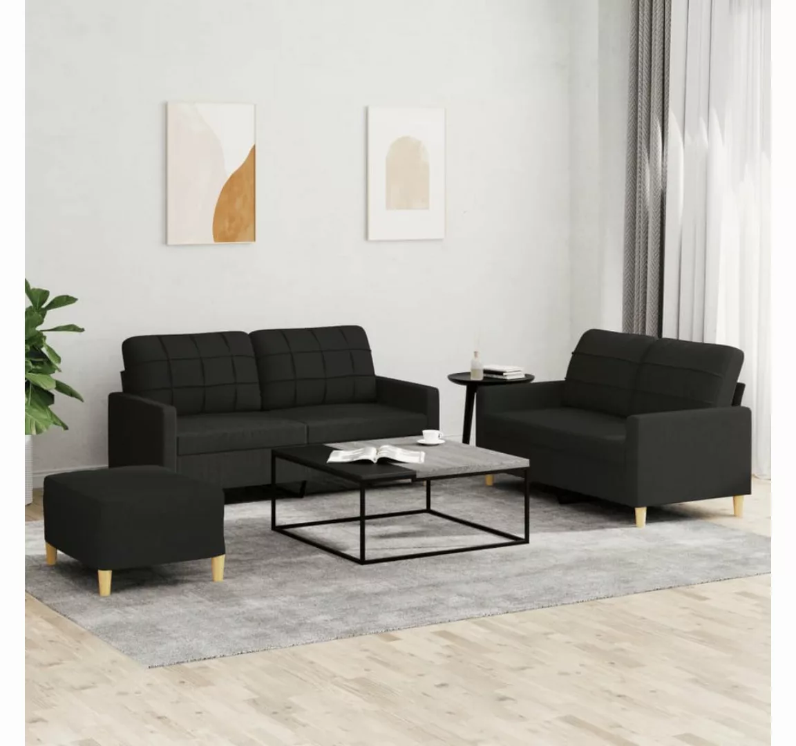 vidaXL Sofa Sofagarnitur mit Kissen Stoff, Standard + Fusshocker, Schwarz günstig online kaufen