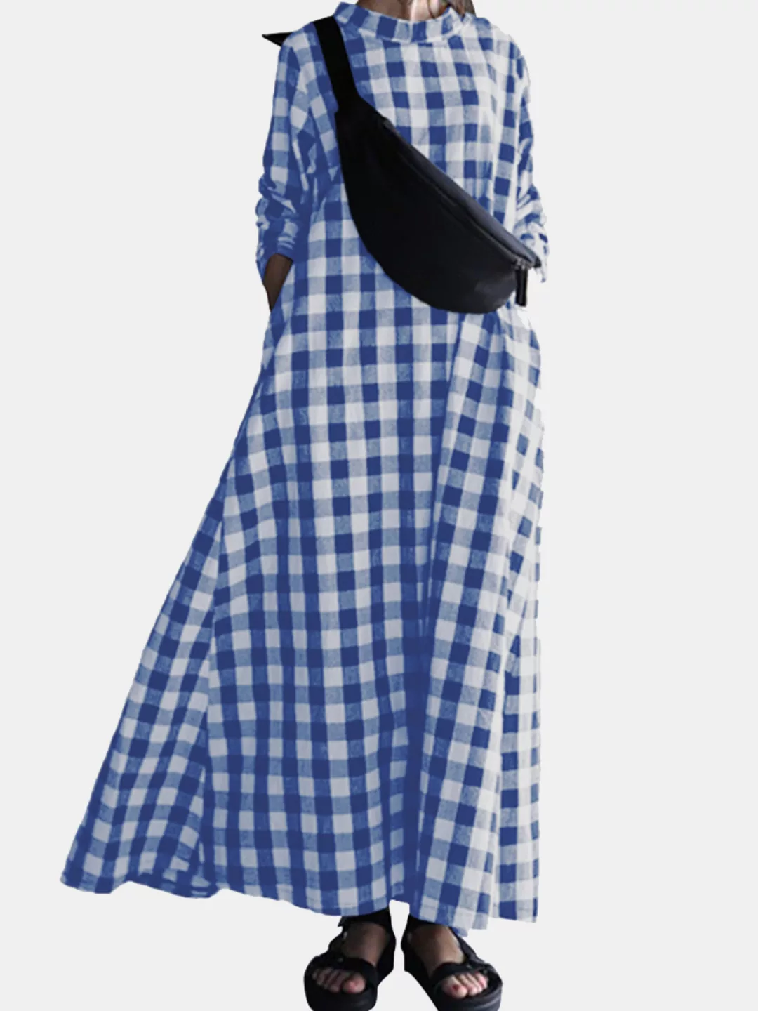 Stehkragen Plaid Print Langarm Maxi Kleid Für Damen günstig online kaufen