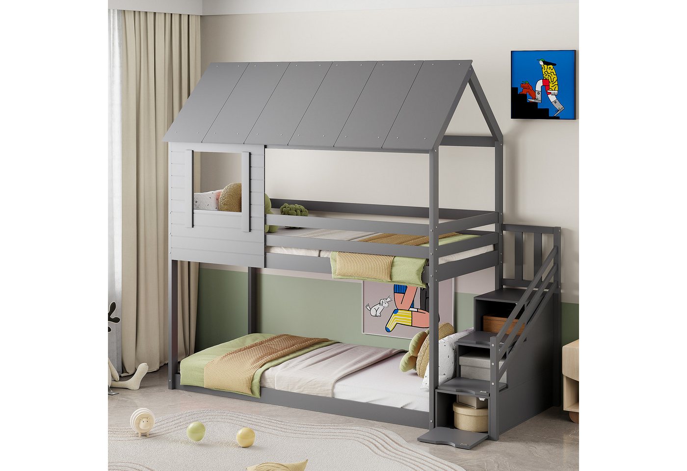 MODFU Etagenbett Kinderbett Einzelbett Stauraumbett Hausbett (Dachkonstrukt günstig online kaufen