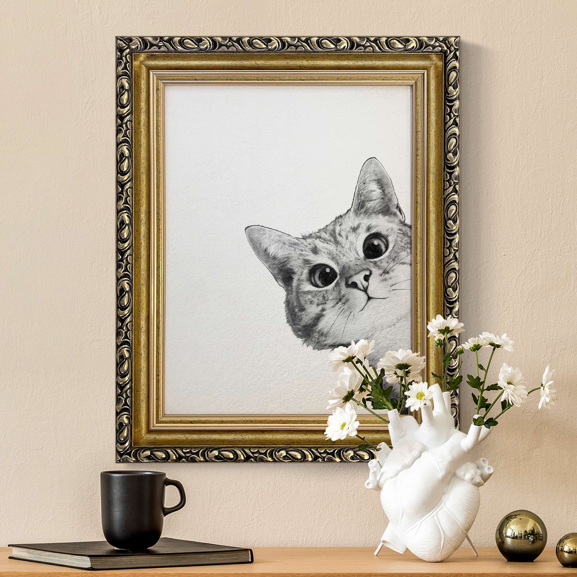 Gerahmtes Leinwandbild Illustration Katze Zeichnung Schwarz Weiß günstig online kaufen