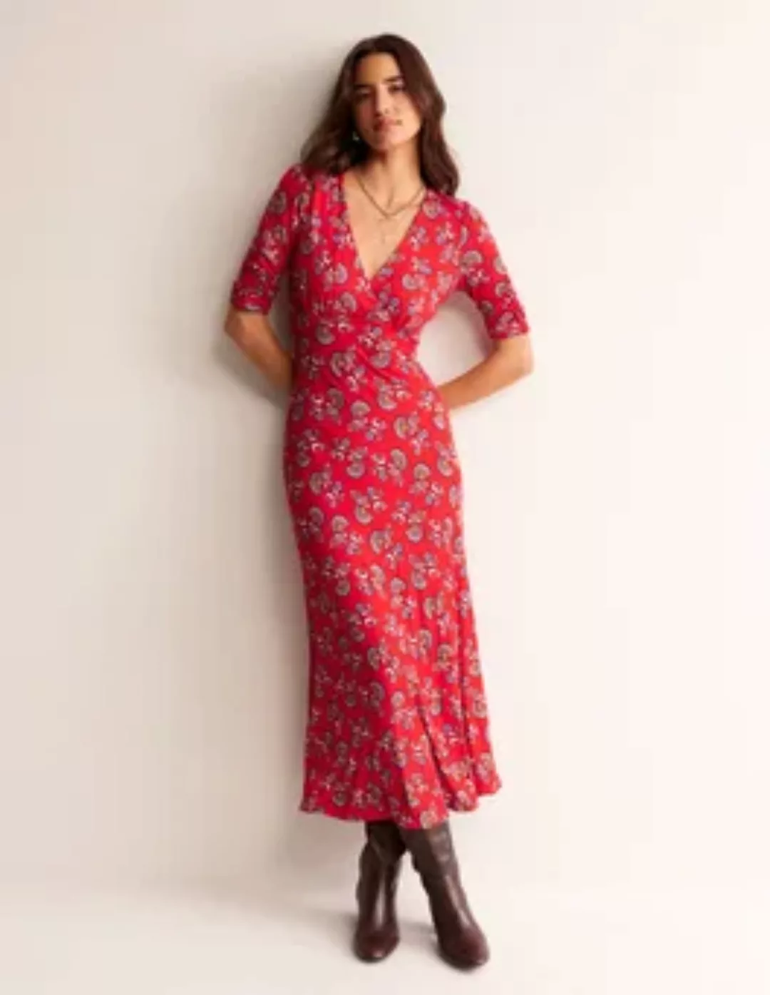 Rebecca Midi-Teekleid aus Jersey Damen Boden, Flammenrot, Botanischer Strau günstig online kaufen