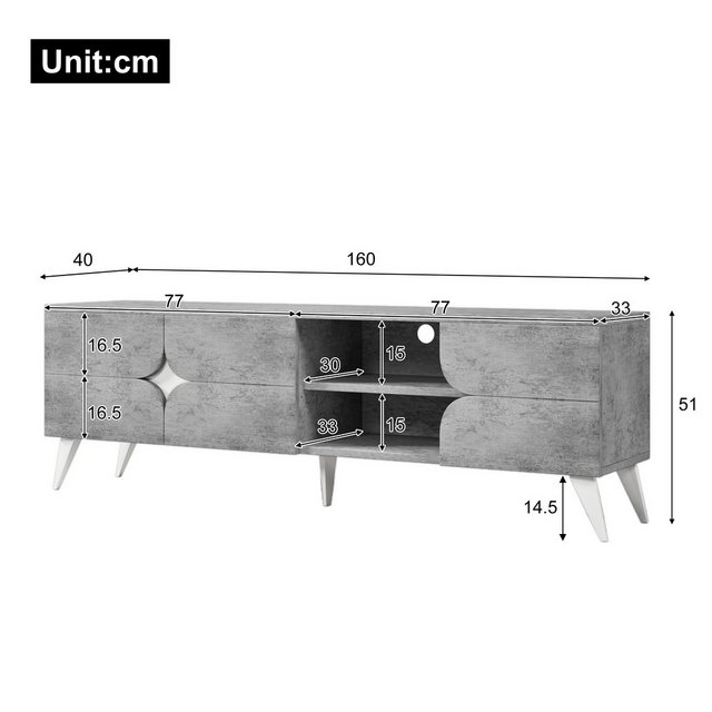 IDEASY TV-Schrank 6 Fächer, Massivholzbeine, geschwungene Türen, (grau, 160 günstig online kaufen