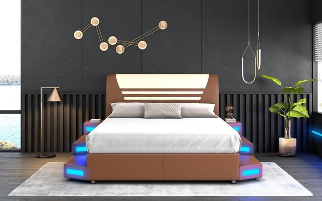 JVmoebel Bett Luxus Led Beleuchtetes Schlafzimmer Bett Lederbett 180x200 Mö günstig online kaufen