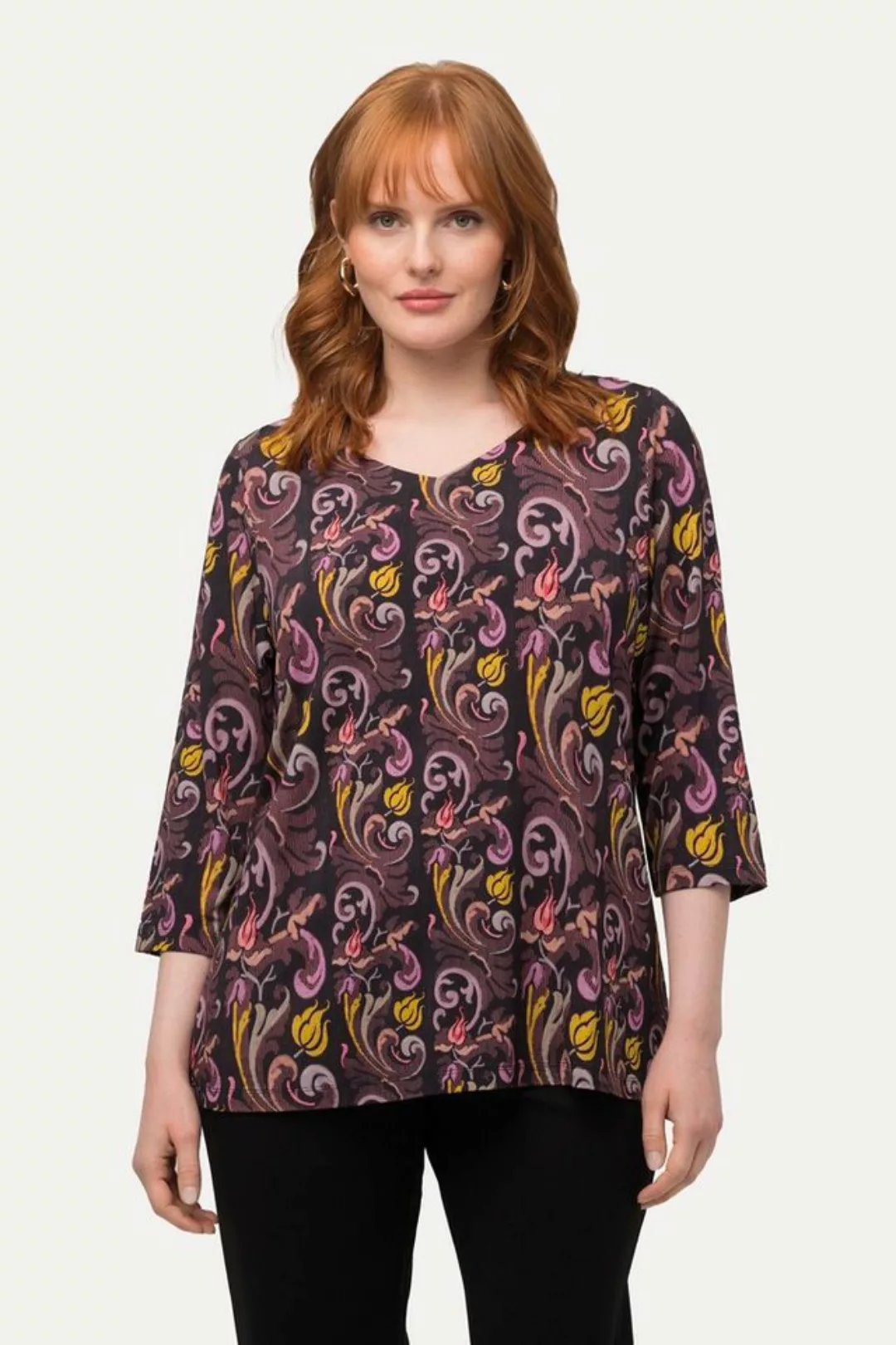 Ulla Popken Rundhalsshirt Shirt Paisleymuster V-Ausschnitt 3/4-Arm günstig online kaufen