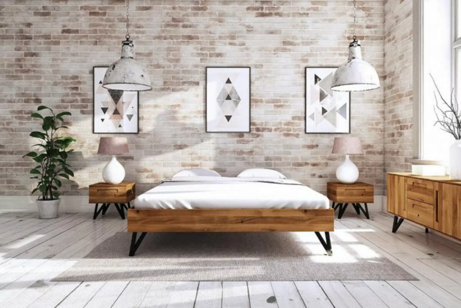 Natur24 Einzelbett Bett Rolo 3 in 100x200cm Wildeiche massiv Metallbeine oh günstig online kaufen