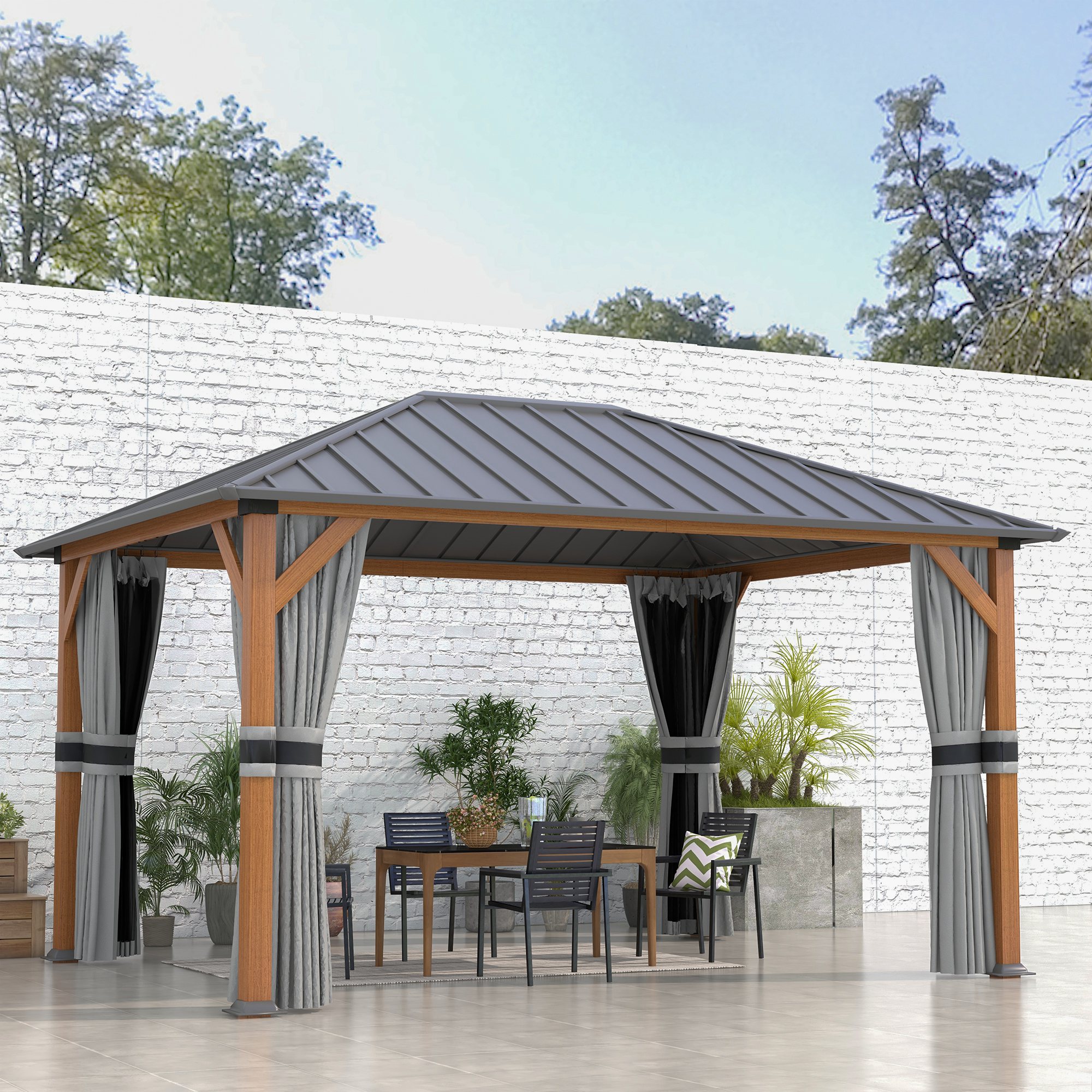 Outsunny Gartenpavillon Pavillon mit festem Dach aus verzinktem Metall, Alu günstig online kaufen