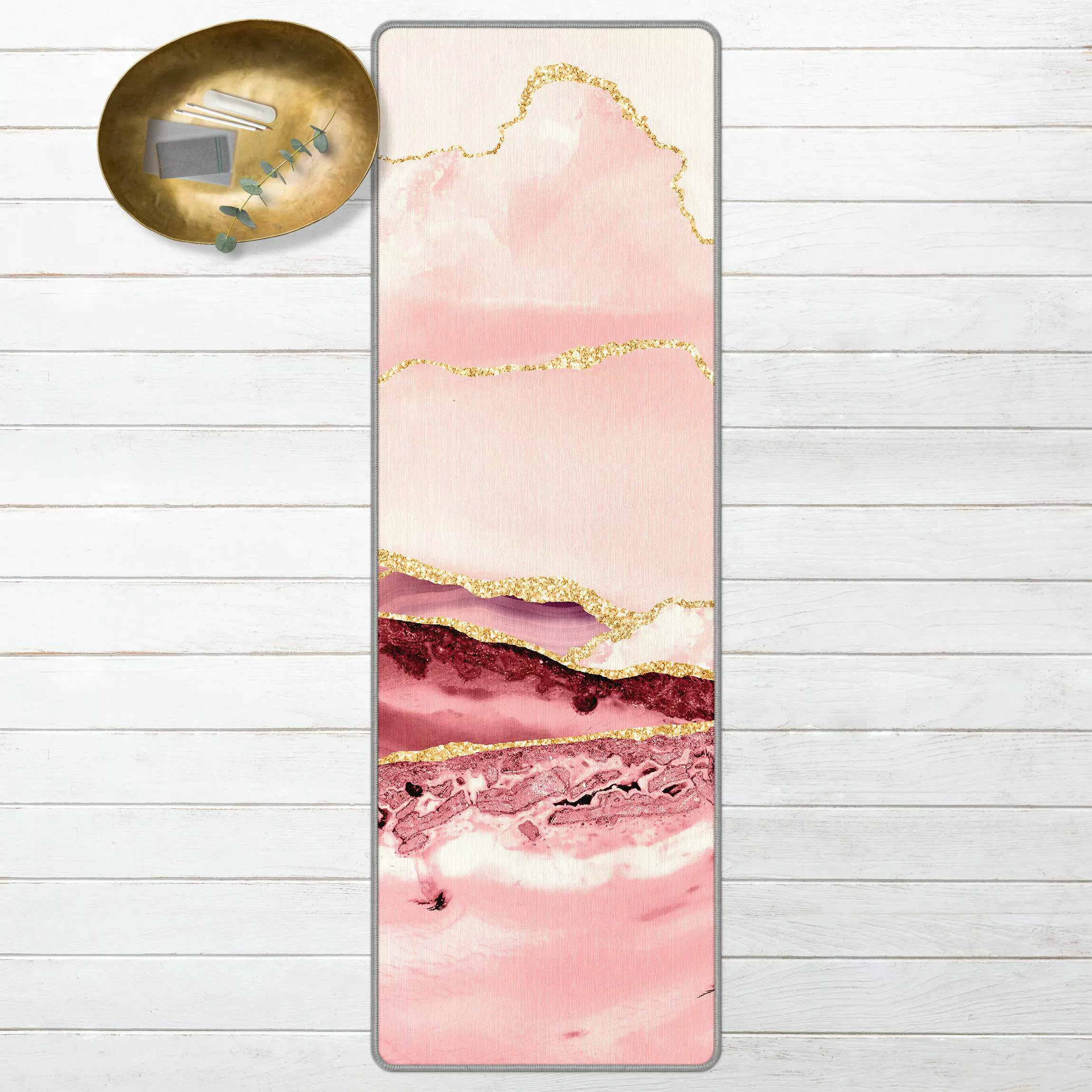 Teppich Abstrakte Berge Rosa mit Goldenen Linien günstig online kaufen