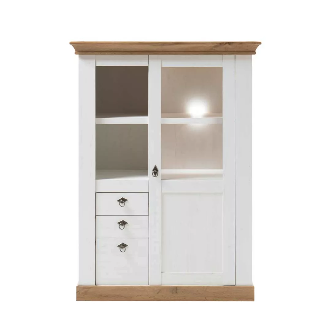 Highboard Vitrine im Landhausstil Weiß und Wildeiche Dekor günstig online kaufen