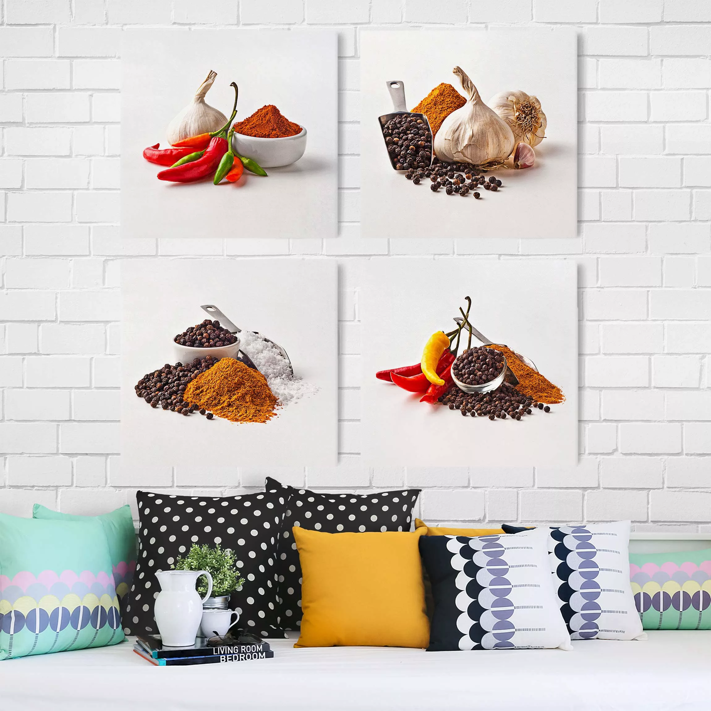 4-teiliges Leinwandbild Küche - Quadrat Chili Knoblauch und Gewürz - Sets günstig online kaufen