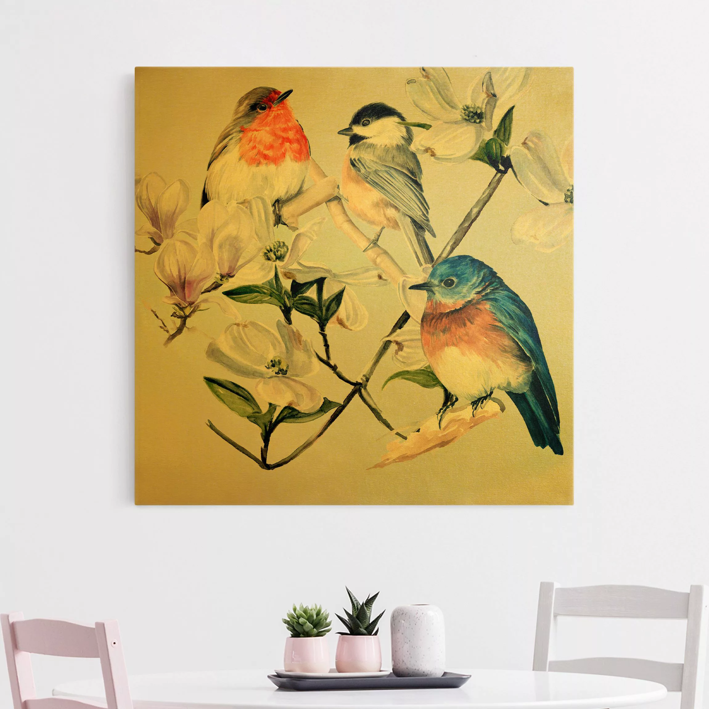 Leinwandbild Gold Bunte Vögel auf einem Magnolienast I günstig online kaufen