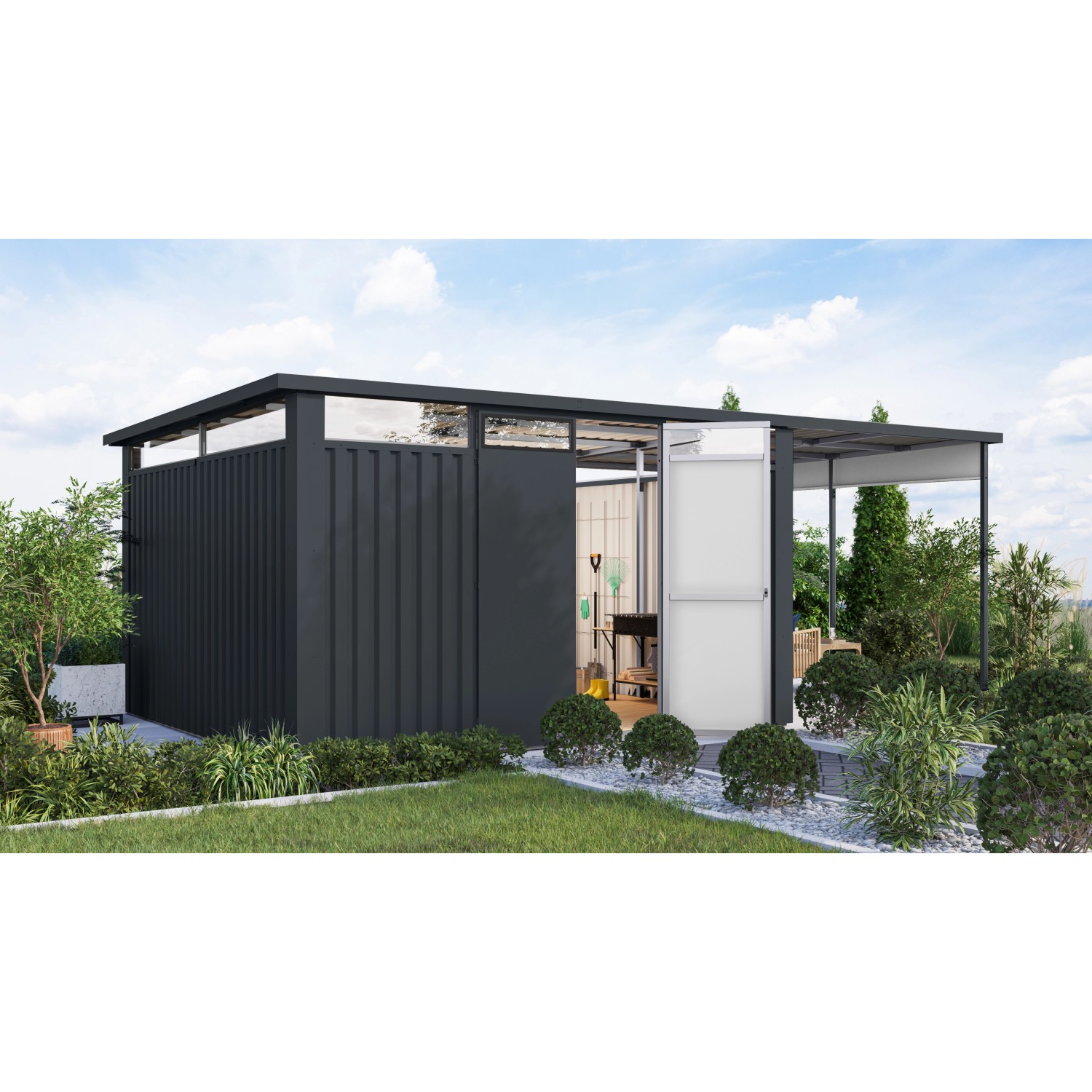 Karibu Metallgerätehaus Amato 4 m. Anbaudach Anthrazit 220 x 375,5 x 342 cm günstig online kaufen