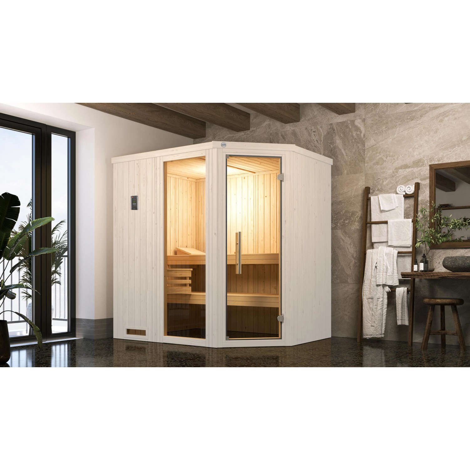 Weka Elementsauna Varberg Trend 1 Weiß Sparset 7,5 kW BioS Glastür/Fenster günstig online kaufen